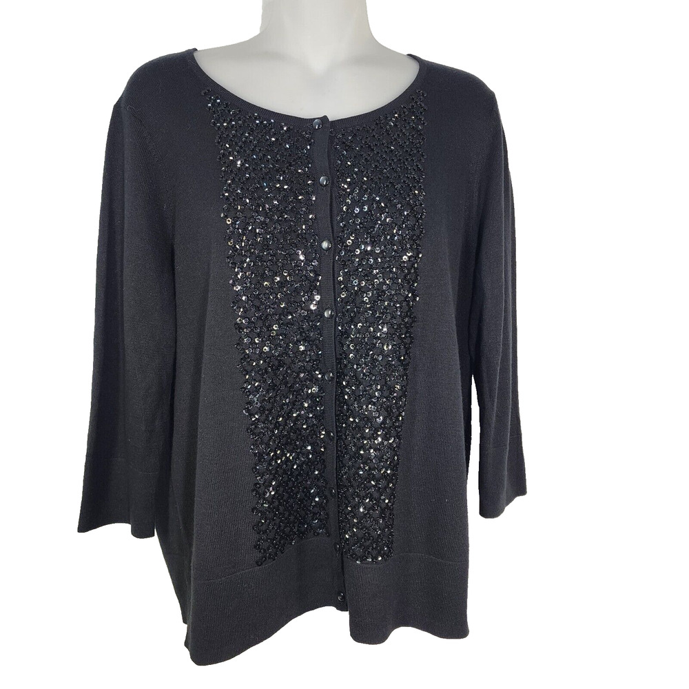 Talbots Petite Cardigan Sz X Black Silk Cashmere Blend Sequin Button 3/4 Sleeve